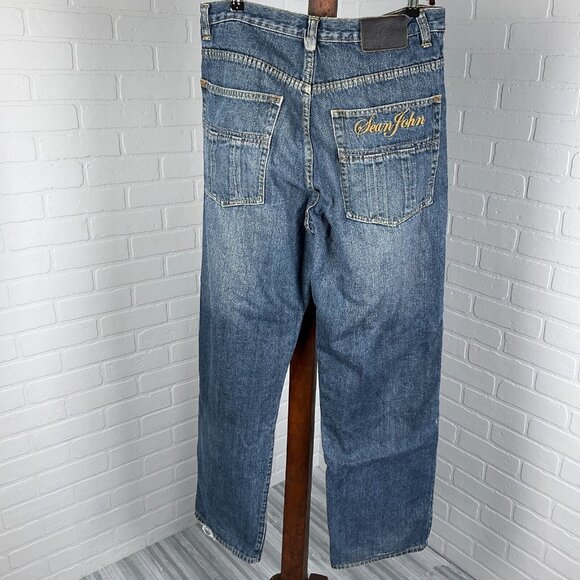 Sean John Jeans Men‎ 34Wx33L Blue Relaxed Straight High Rise Distressed Denim - Picture 3 of 15